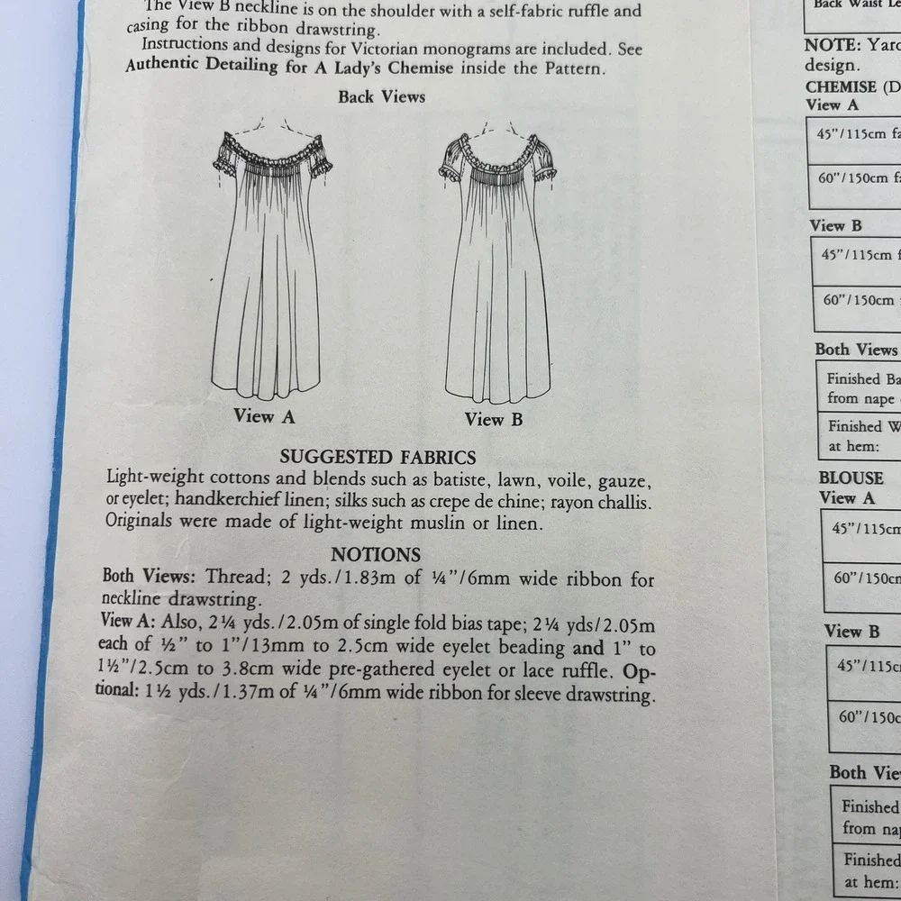 Folkwear 223 A Lady's Chemise Sewing Pattern Misses 6–16 Vintage 1982